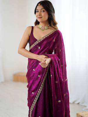 Purple embellished embroidered satin designer saree 2
