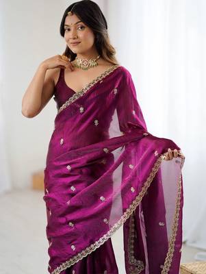 Purple embellished embroidered satin designer saree 4