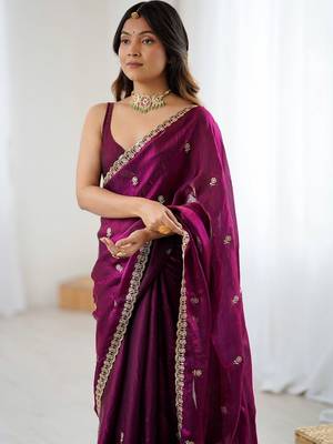 Purple embellished embroidered satin designer saree 5