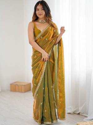 Olive embellished embroidered satin designer saree 1