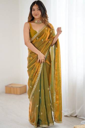 Olive embellished embroidered satin designer saree