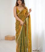 Olive embellished embroidered satin designer saree