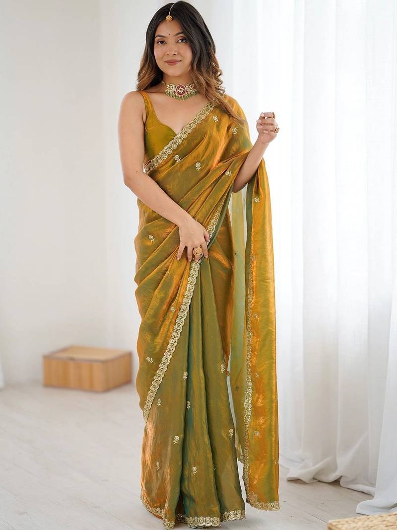 Olive embellished embroidered satin designer saree