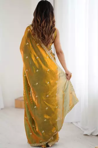 Olive embellished embroidered satin designer saree