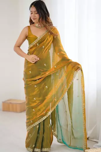 Olive embellished embroidered satin designer saree