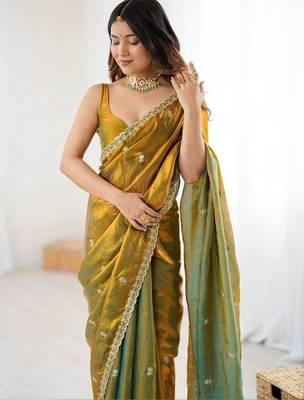 Olive embellished embroidered satin designer saree 4