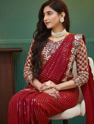 Red embellished sequinned  georgette saree 1