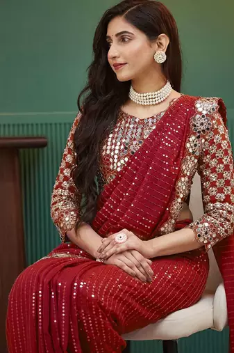 Red embellished sequinned  georgette saree