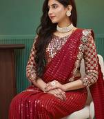 Red embellished sequinned  georgette saree