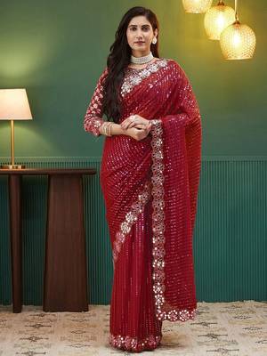 Red embellished sequinned  georgette saree 2