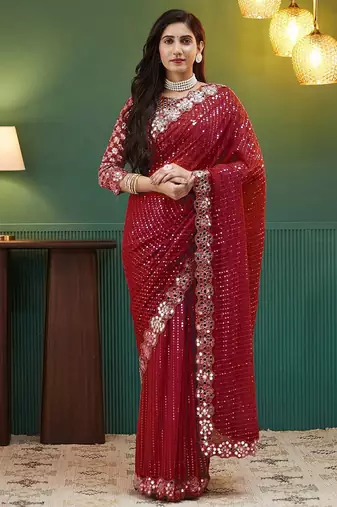 Red embellished sequinned  georgette saree