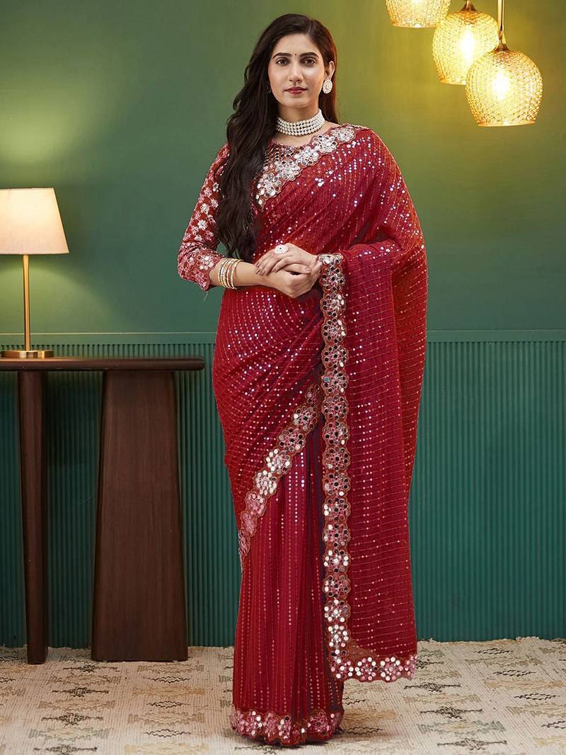 Red embellished sequinned  georgette saree