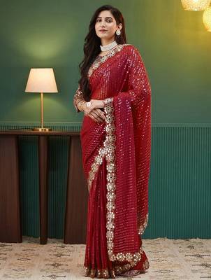 Red embellished sequinned  georgette saree 3