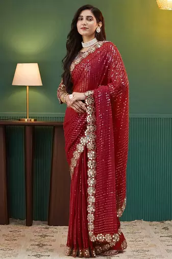 Red embellished sequinned  georgette saree