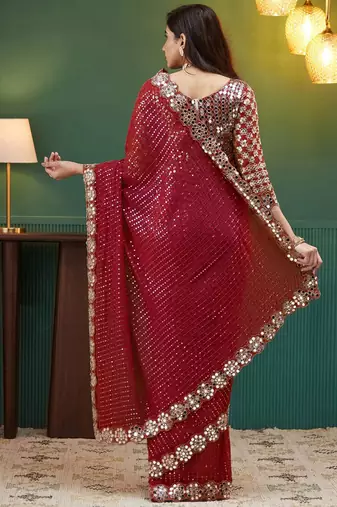 Red embellished sequinned  georgette saree