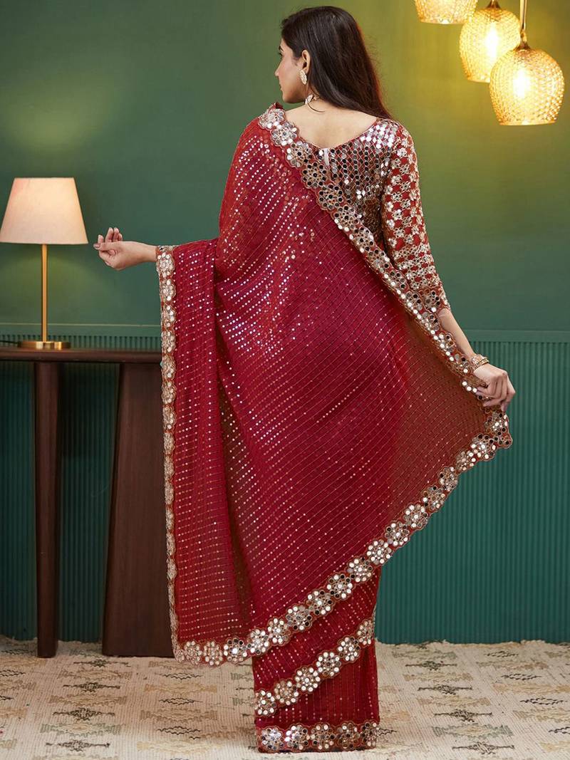 Red embellished sequinned  georgette saree