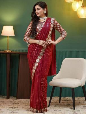 Red embellished sequinned  georgette saree 5