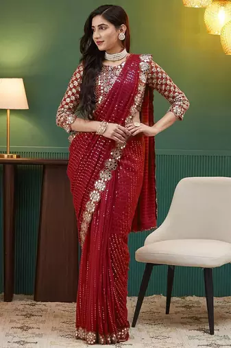Red embellished sequinned  georgette saree