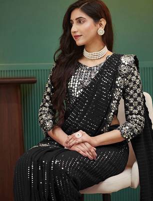 Black embellished sequinned  georgette saree 1