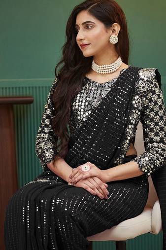 Black embellished sequinned  georgette saree