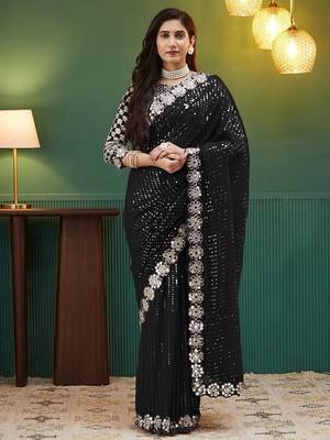 Black embellished sequinned  georgette saree 2