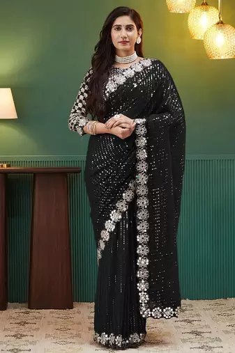Black embellished sequinned  georgette saree
