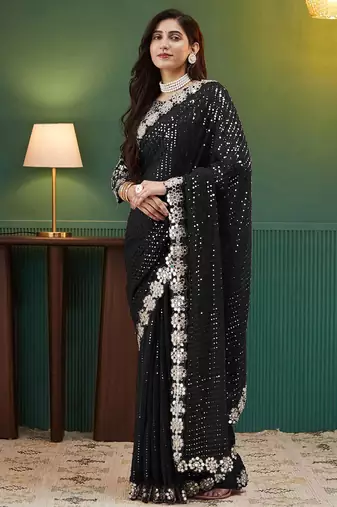 Black embellished sequinned  georgette saree