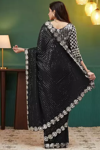 Black embellished sequinned  georgette saree