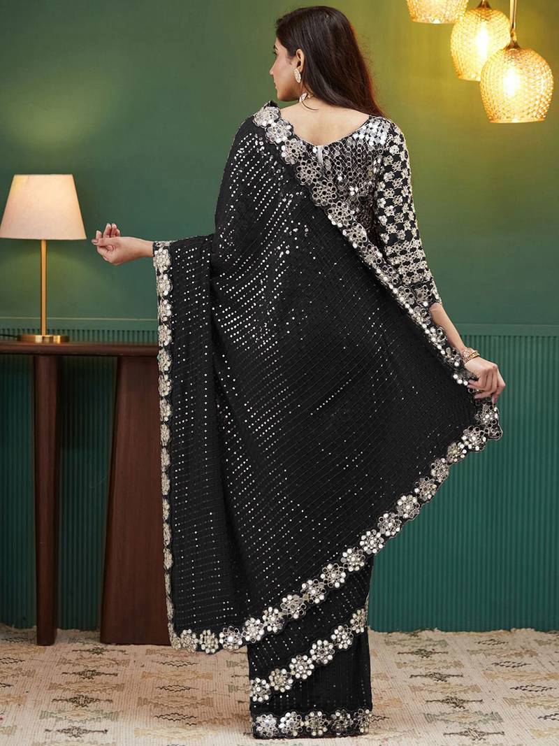 Black embellished sequinned  georgette saree