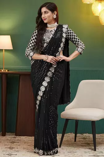 Black embellished sequinned  georgette saree