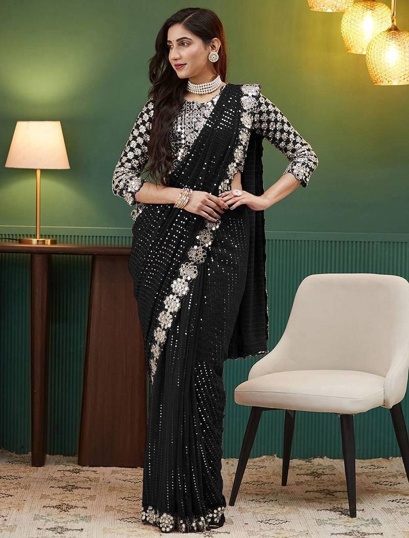 Black embellished sequinned  georgette saree