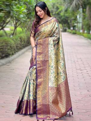 Burgundy woven design zari silk blend dharmavaram saree 1