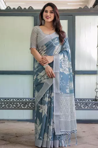 Blue floral printed zari  linen saree