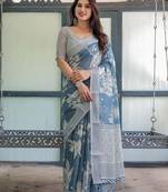 Blue floral printed zari  linen saree
