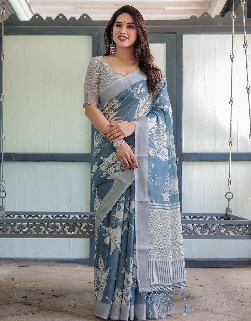 Blue floral printed zari  linen saree