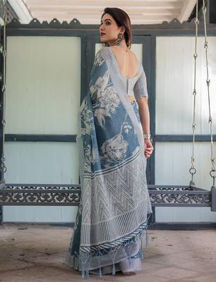 Blue floral printed zari  linen saree 2