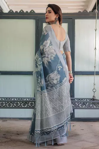 Blue floral printed zari  linen saree