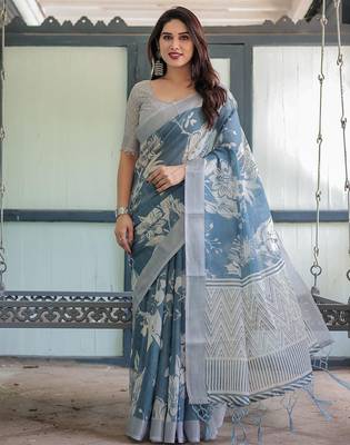 Blue floral printed zari  linen saree 3