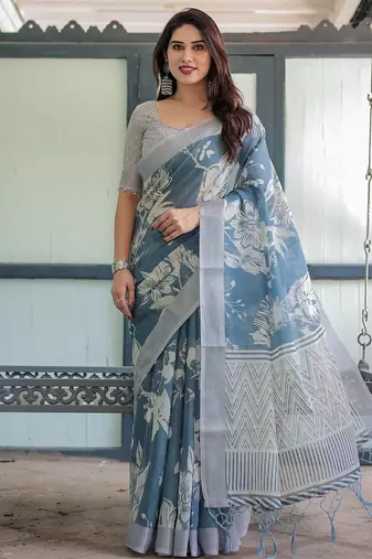 Blue floral printed zari  linen saree