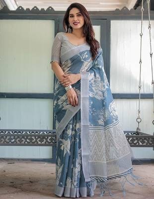 Blue floral printed zari  linen saree 4