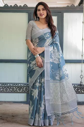 Blue floral printed zari  linen saree