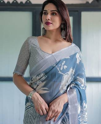 Blue floral printed zari  linen saree 5