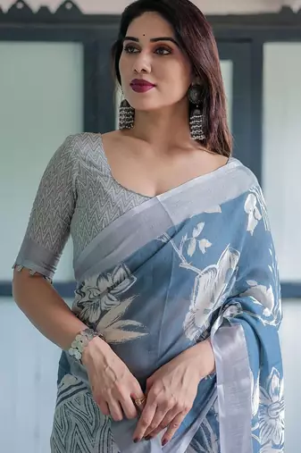 Blue floral printed zari  linen saree
