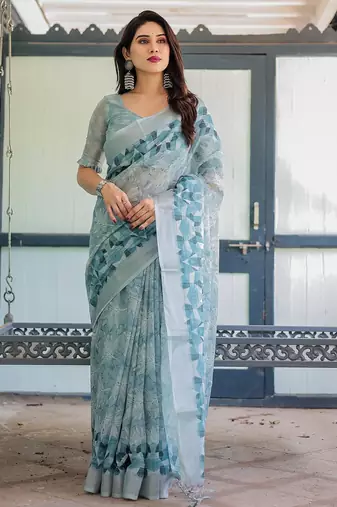Blue women floral zari  linen saree