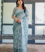 Blue women floral zari  linen saree