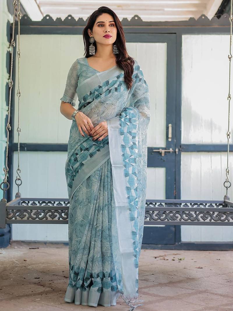Blue women floral zari  linen saree