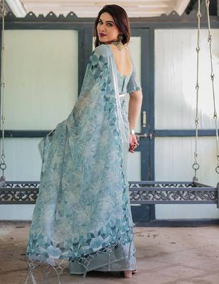 Blue women floral zari  linen saree 2