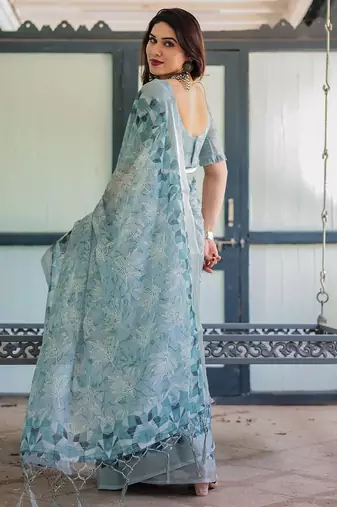 Blue women floral zari  linen saree