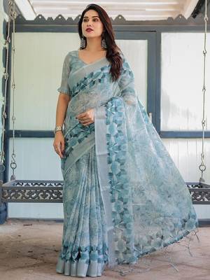 Blue women floral zari  linen saree 3