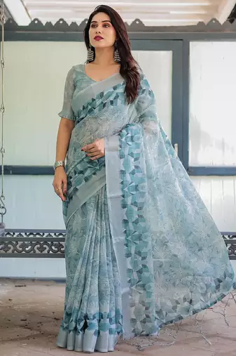 Blue women floral zari  linen saree